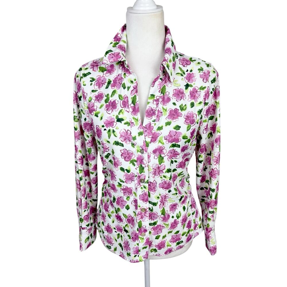 Zara Top Womens Size S White Pink Floral Silky Bloggers Fave Button Up‎ Blouse - Picture 2 of 13